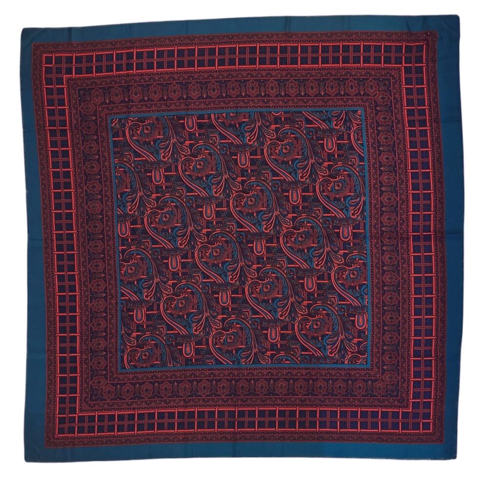Vintage Large Square Scarf 46" Challis By Berkshire Italy Geometric Teal Red